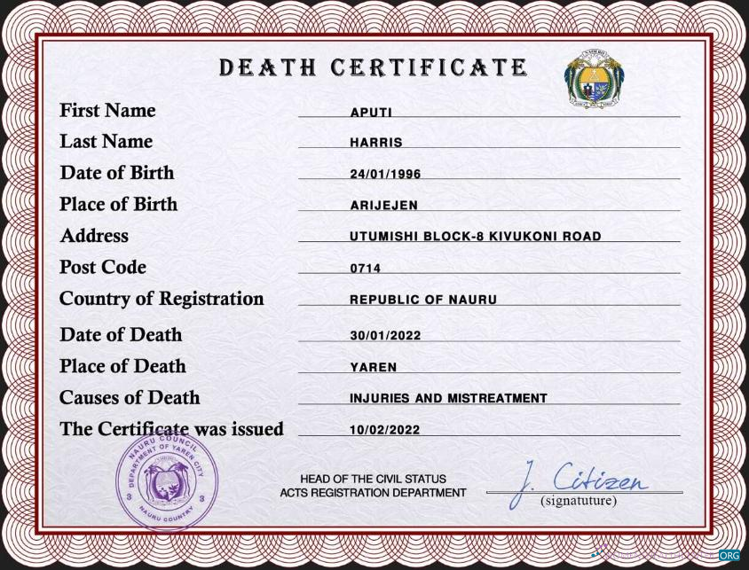 Download Nauru vital record death certificate PSD template Photoshop template